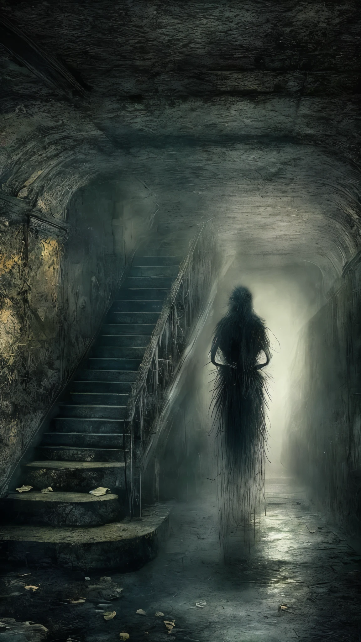 (best quality,4k,8k,highres,masterpiece:1.2),ultra-detailed,(realistic,photorealistic,photo-realistic:1.37),surrealism,faceless shadow,detailed eyes,beautiful detailed lips,white protective clothing,crows flying,left the subway,subway platform,narrow underground passage,winding stairs,dim lights,abandoned atmosphere,shadows and light contrast,unexpected encounter,mysterious aura,dark surrealism elements,twisted reality,strange and dreamlike setting,uncanny silence,mystical vibes,unsettling tension,unsettled emotions,emerging shadows,dark figures emerging from the darkness,haunting presence,surreal landscape,foggy mist,ethereal illusions,distorted perspectives,arcane symbolism,raven feathers,ominous atmosphere,ghostly whispers,dreamy and eerie atmosphere,unclear boundaries of reality and imagination,haunting beauty,mind-bending scenarios,spooky ambiance,otherworldly experience,ceiling dripping with water,melancholic mood,lonely and isolated feeling,industrial urban decay,hauntingly beautiful haunting presence,sublime beauty of the unknown,awe-inspiring imagery,mysterious and enigmatic scenes,enigmatic story waiting to be unravelled,visual paradoxes,chilling and captivating visual journey,contrast between light and darkness,vivid colors with desaturated tones,subtle hints of color to enhance atmosphere.