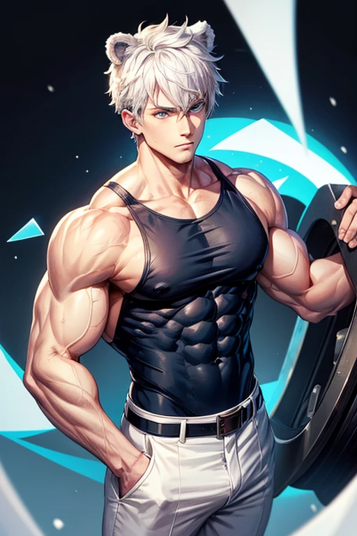 Muscular build man with white hair dark blue suit bear ears on head black pants black tank top blue eyes slim muscular build bear belt snow background