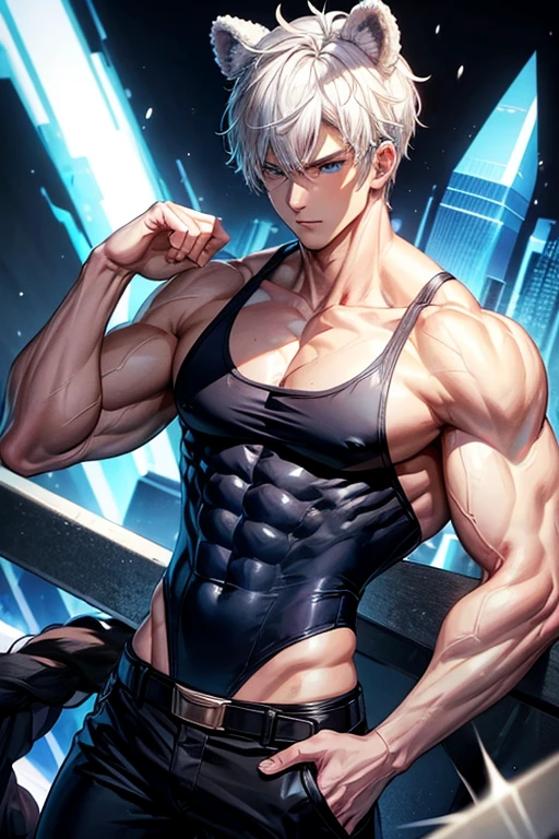 Muscular build man with white hair dark blue suit bear ears on head black pants black tank top blue eyes slim muscular build bear belt snow background