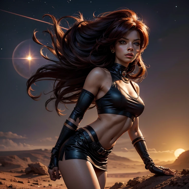 Realistic photography, high quality, Leela from Futurama catches evil robots on Mars, she is wearing a short skirt and a tight top, thin waist, detailed face, Moonlight night, thin hips, (nuclear explosion in the distance: 1.1), strong wind, magic light, Danger