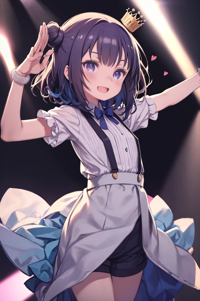 One girl, suspenders, Open your mouth, alone, Purple eyes, smile, Heart pounding, Shorts, Crown, Displaying the viewer, White shirt, Tic, bow, Wrist cuff, shirt, Brown Hair, light stick, :is, Blue Hair, Mini Crown, Short sleeve, ribbon, Outstretched arms, suspendersショーツ,Stage lighting, hair ornaments, 中くらいのchest, Medium Hair, chest, bangs, stage, microphone, jewelry