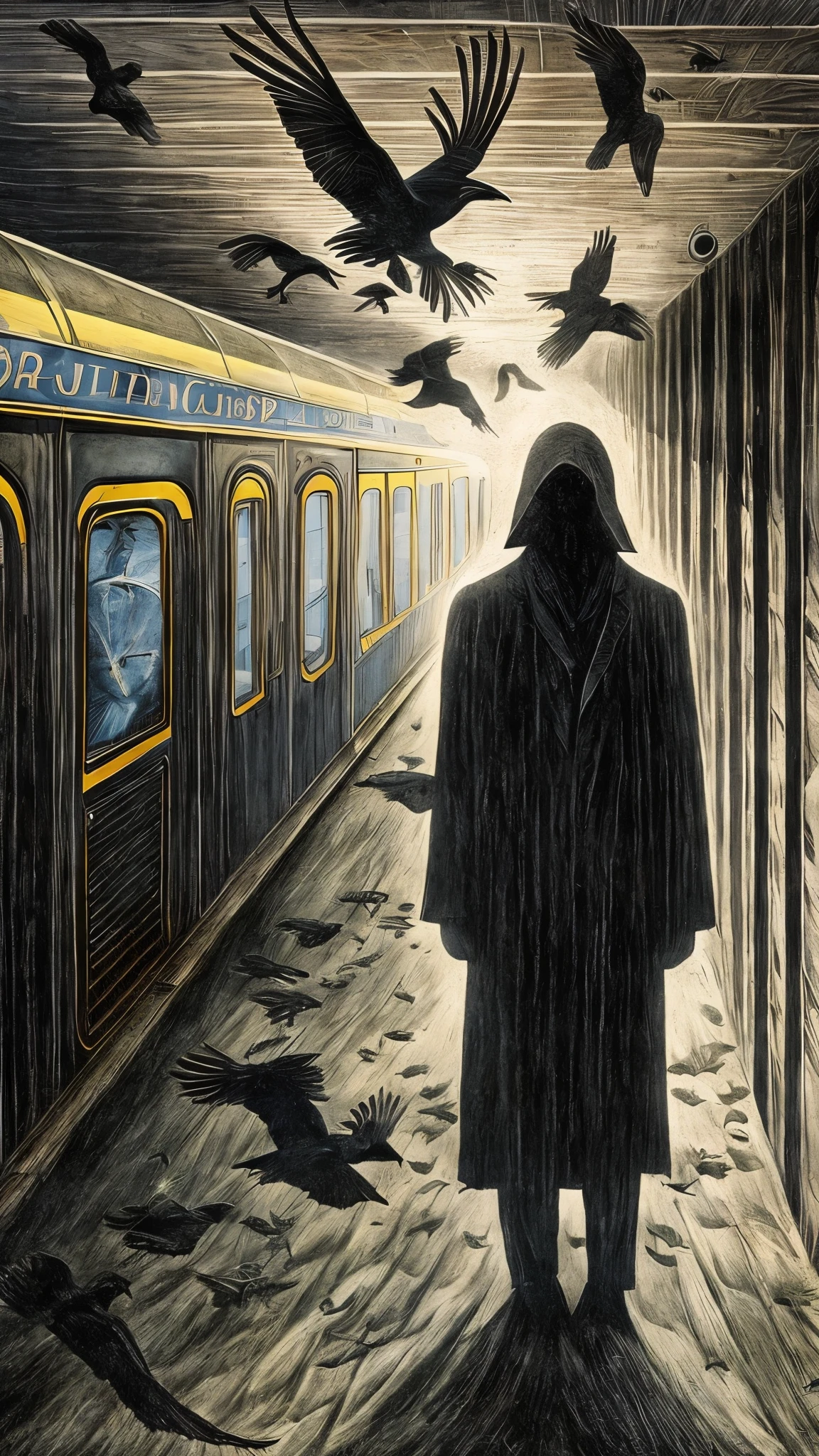 surrealism, Faceless shadow, wearing black protective aura, There are crows flying.coming out of the subway.