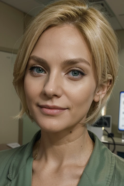 Female doctor, green eyes, 50 years old, blonde hair, in a medical office, who shows that she is determined and precise, who convinces the people around her, blonde hair, makeup, smiley, determined, UHD, high details, super detail