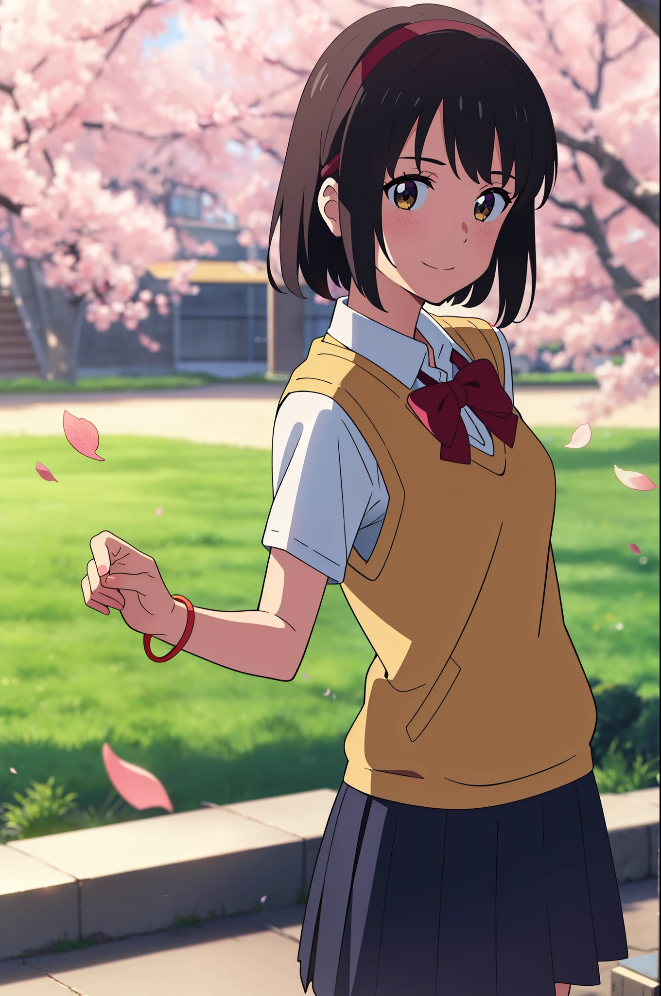 shinkai makoto, kimi no na wa., 1girl, bangs, black hair, blush, bright eyes, brown eyes, headband, looking at the viewer, red bow, red headband, red ribbon, , shirt, sweater vest, vest, white shirt, yellow sweater vest, yellow vest, skirt, blue skirt, short sleeves, short hair, medium breasts, solo, day, outdoors, shiny skin, standing, shadow, smile, happy, bracelet, cherry_blossoms, falling_petals, petals, branch, pink_flower, blue_sky, sunlight, spring_season, wind, tree, upper-body