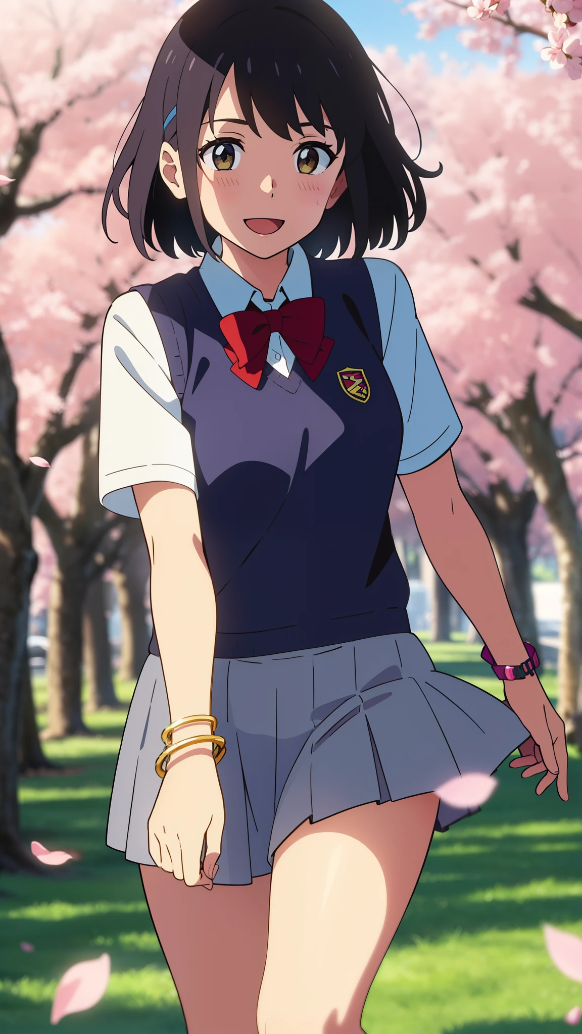 shinkai makoto, kimi no na wa., 1girl, bangs, black hair, blush, bright eyes, brown eyes, headband, looking at the viewer, red bow, red headband, red ribbon, , shirt, sweater vest, vest, white shirt, yellow sweater vest, yellow vest, skirt, blue skirt, short sleeves, short hair, medium breasts, solo, day, Outdoors, shiny skin, standing, shadow, smile, happy, :D, bracelet, cherry_blossoms, falling_petals, petals, branch, pink_flower, blue_sky, sunlight, spring_season, wind, tree