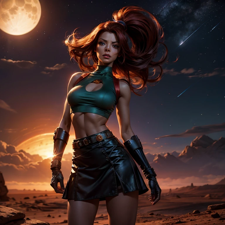 Realistic photography, high quality, Leela from Futurama catches evil robots on Mars, she is wearing a short skirt and a tight top, thin waist, detailed face, Moonlight night, thin hips, (nuclear explosion in the distance: 1.1), strong wind, magic light, Danger