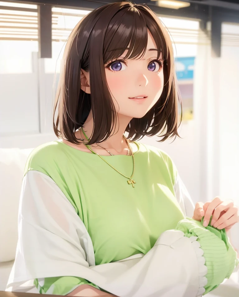 High resolution,In 8K,highest quality,detailed,Semi-realistic anime,Anime 3D Style,Smooth anime CG,One Girl,19-year-old woman in Japan,slim,Modeled,Shiny brown hair,Medium Hair,detailedな顔,Beautiful and detailed,Glowing Skin,Short-sleeved shirt,necklace,straggling hair,Angelic hairstyle,Small breasts,Round and big eyes,Looking at the audience,Smile