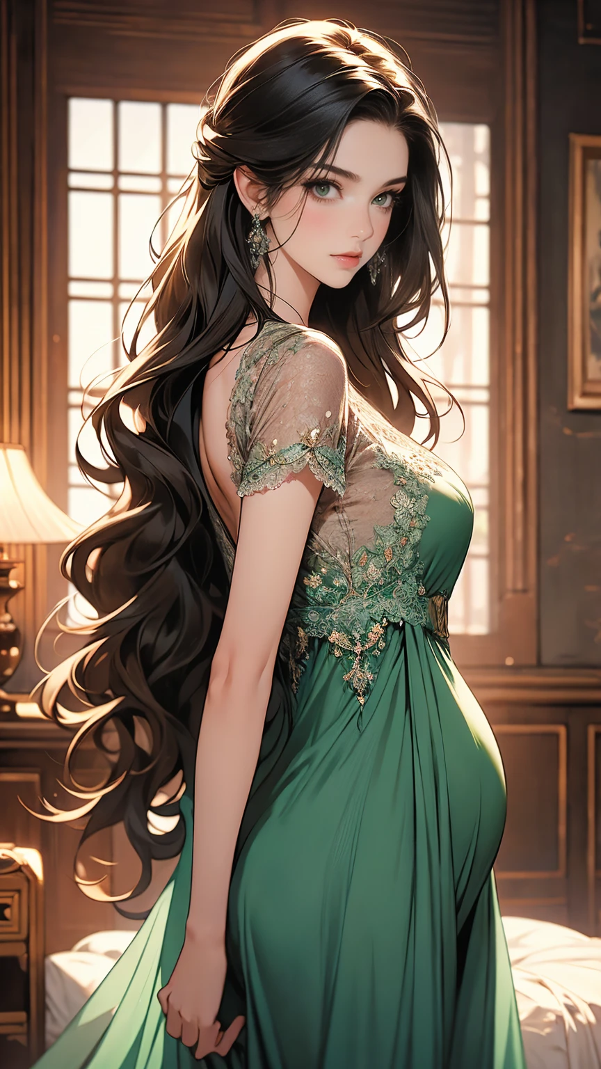 (masterpiece, Best quality, a high resolution, ultra detailed),(beautiful and aesthetically pleasing:1.2), 1 woman, adult woman, black wavy hair, green eyes, tall long tail, Lethargic,  gentle face,(slight smile:0.8) detailed eyes and face, perfect body,  bare neck, Silk camisole, with lace trim, Pettipants, boudoir, looking over your shoulder, back focus, back to camera, Early pregnancy 