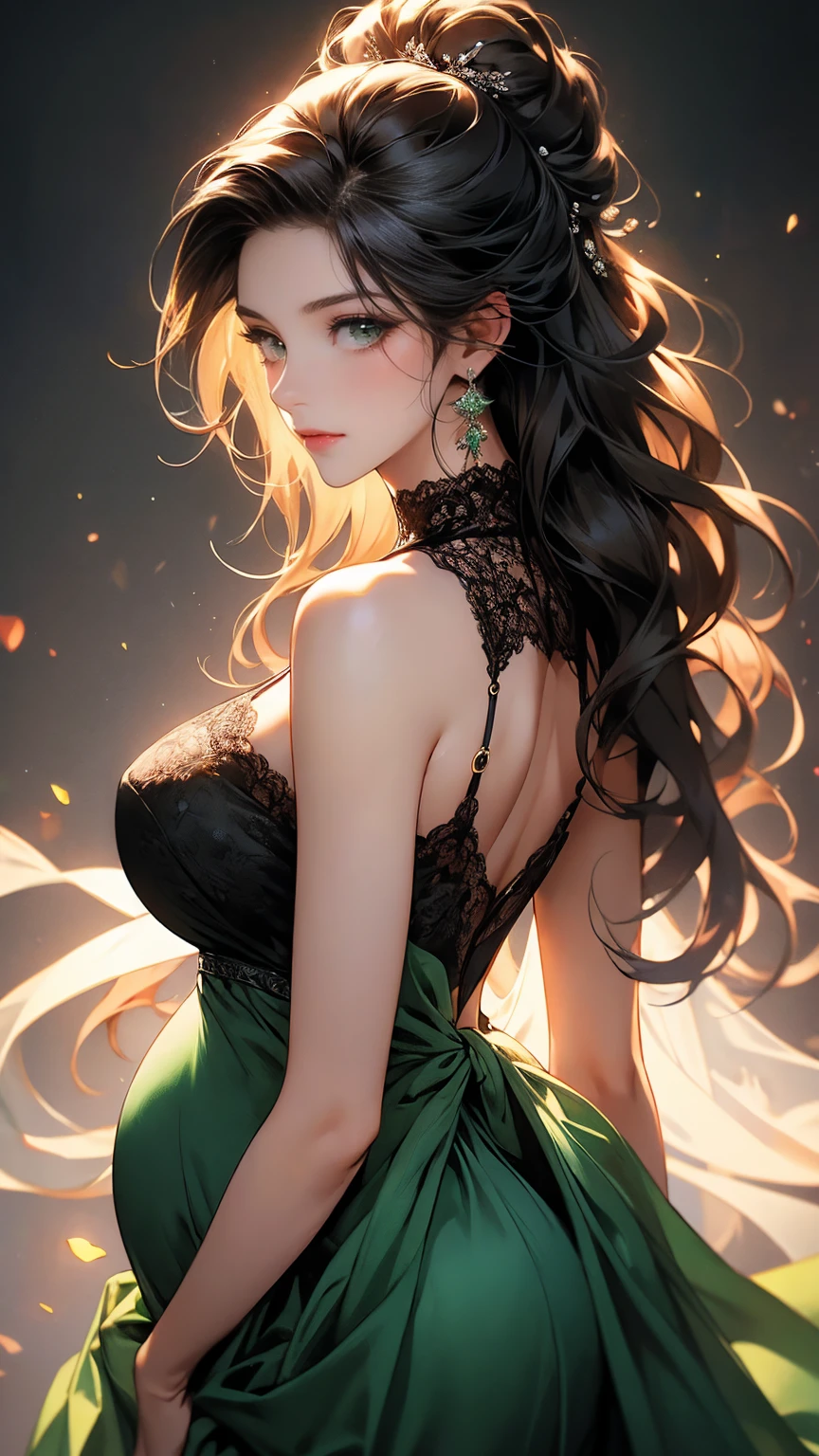Create a post for NAYAKHEL online casino gaming app with a beautiful amine girl character wearing green silk dress showing cleavage with black and golden background