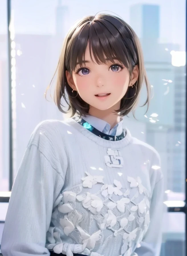 High resolution,In 8K,highest quality,detailed,Semi-realistic anime,Anime 3D Style,Smooth anime CG,One Girl,19-year-old woman in Japan,slim,Modeled,Shiny brown hair,Medium Hair,detailedな顔,Beautiful and detailed,Glowing Skin,Dark chocolate brown sweater,Earrings,straggling hair,Angelic hairstyle,Small breasts,Watching the audience,Laughing with mouth open