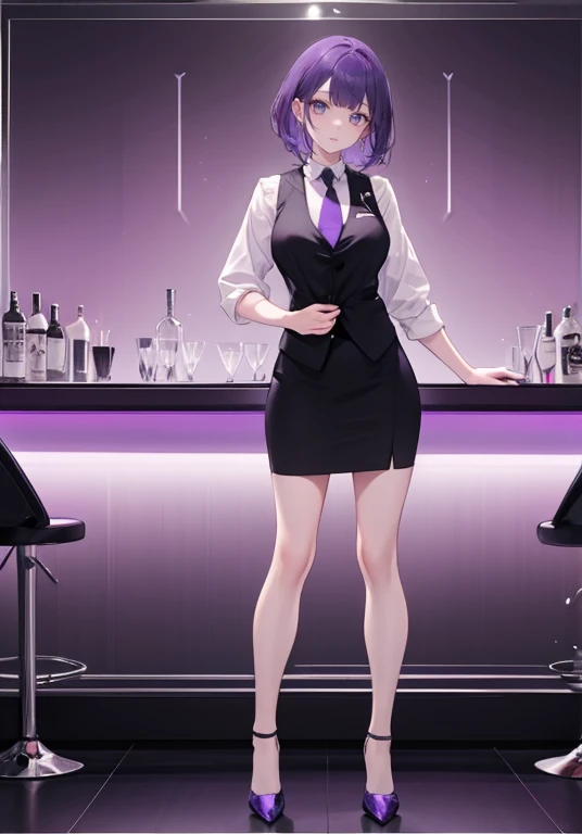 ((Perfect Face)),Purple Hair,Shortcuts,1 female,bartender,,Black vest,tie,High heels,,((Solid color background)),((smile)),((Full Body)),((full body)),upright,