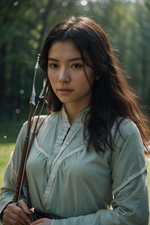 high quality, 8K Ultra HD. This ethereal illustration features a beautiful Kyrgyz archer girl in a pale green mist. John Singer Sargent's precision highlights the woman's features, while Leonardo da Vinci's play of light and shadow adds mysterious depth.