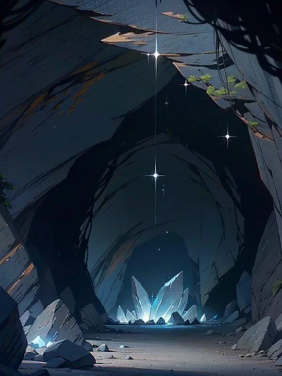 Inside a dark cave mine, glowing blue crystal gems, sparkling, crisp