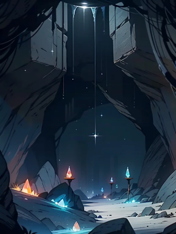 Inside a dark cave mine, glowing blue crystal gems, sparkling, crisp