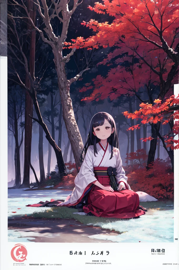Full-body front view of a person sitting on the ground, Red long dress by the tree, White kimono, Spring-black hair, No headgear, Full body front view photo sitting by a tree,take bellflower,((Brown eyes)))Red long skirt,Black Hair, 全身White kimono, Realistic, (Surreal:1.2), Perfect Eyes, Perfect Face, Perfect lighting, Outdoor, Warm colors, Deep purple sky, Conceit, Wind