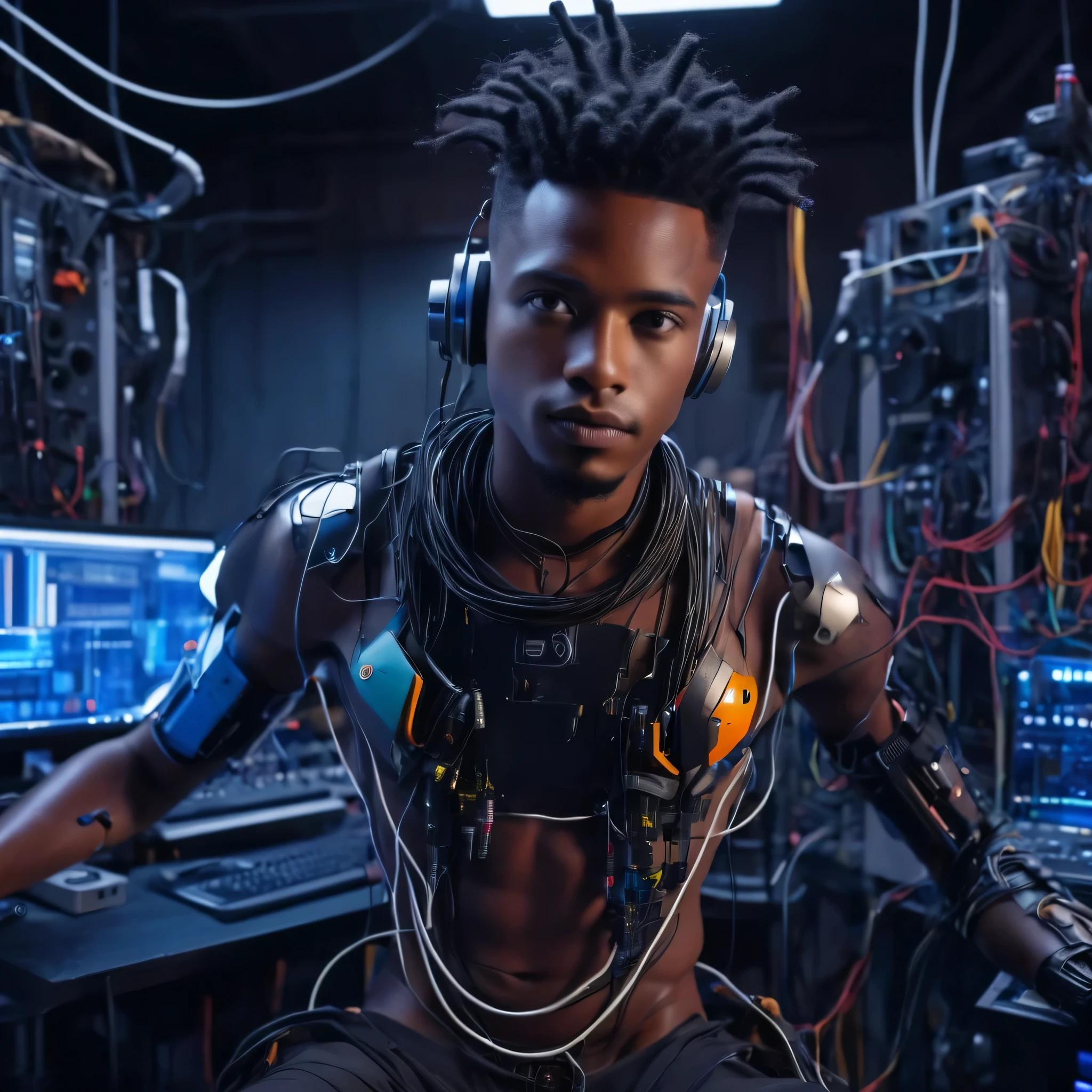 love death and robots, series, cyberpunk, colorful, in a laboratory/studio in ghana Africa, futuristic african cyborg man humanoid with electric body and human face beautiful short black culred hair, african american male cyborg, curly hair with tubes and cables attached to the body connecting to computers, techwear, ultra resolution, african american me cyborg attached and connected to speakers and music recording equipment, large screens displaying audio recording sofware, the subject is floating or suspended in the air attached to the tubes he looks like he is in a trance eyes glowing, music studio