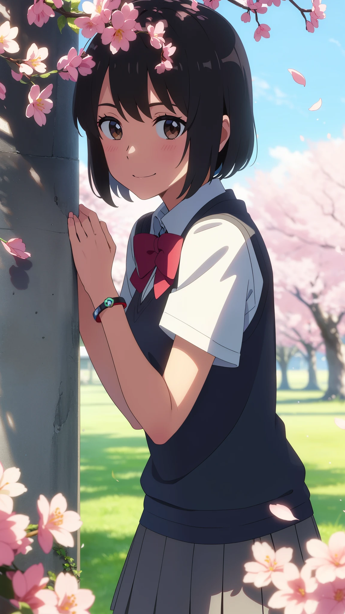 shinkai makoto, kimi no na wa., 1girl, bangs, black hair, blush, bright eyes, brown eyes, headband, looking at the viewer, red bow, red headband, red ribbon, , shirt, sweater vest, vest, white shirt, yellow sweater vest, yellow vest, skirt, blue skirt, short sleeves, short hair, medium breasts, solo, day, outdoors, shiny skin, standing, shadow, smile, happy, bracelet, cherry_blossoms, falling_petals, petals, branch, pink_flower, blue_sky, sunlight, spring_season, wind, tree, Upper body portrait