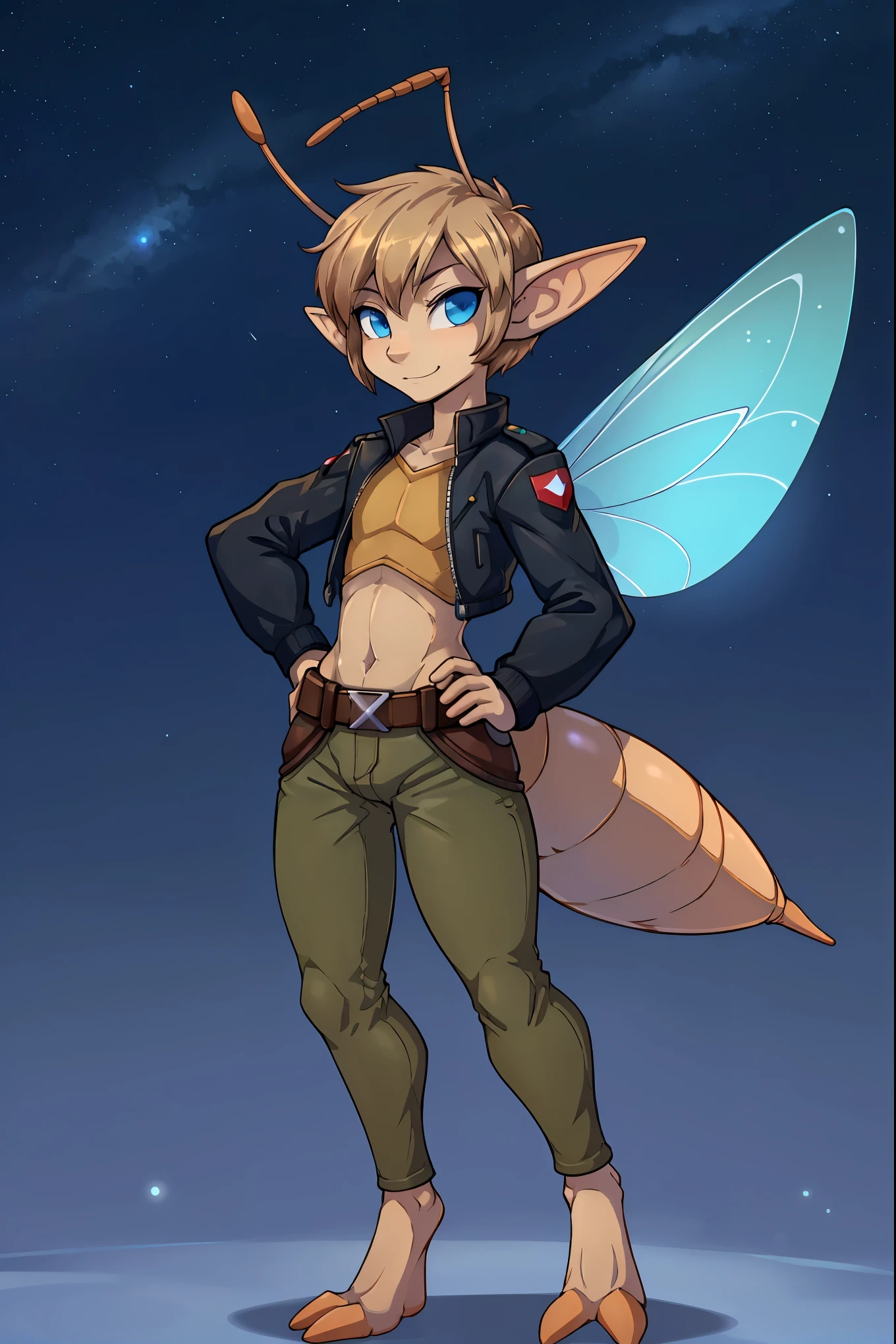 Fairy boy, cute, skinny, femboy, slim, Looking at viewer, night sky background, thin body, short hair, dark blonde hair, slicked haircut, forehead, blue eyes, utility belt, cropped jacket, ((2 ant antenna)), ant feet, proud pose, elf ears, wings on upper back