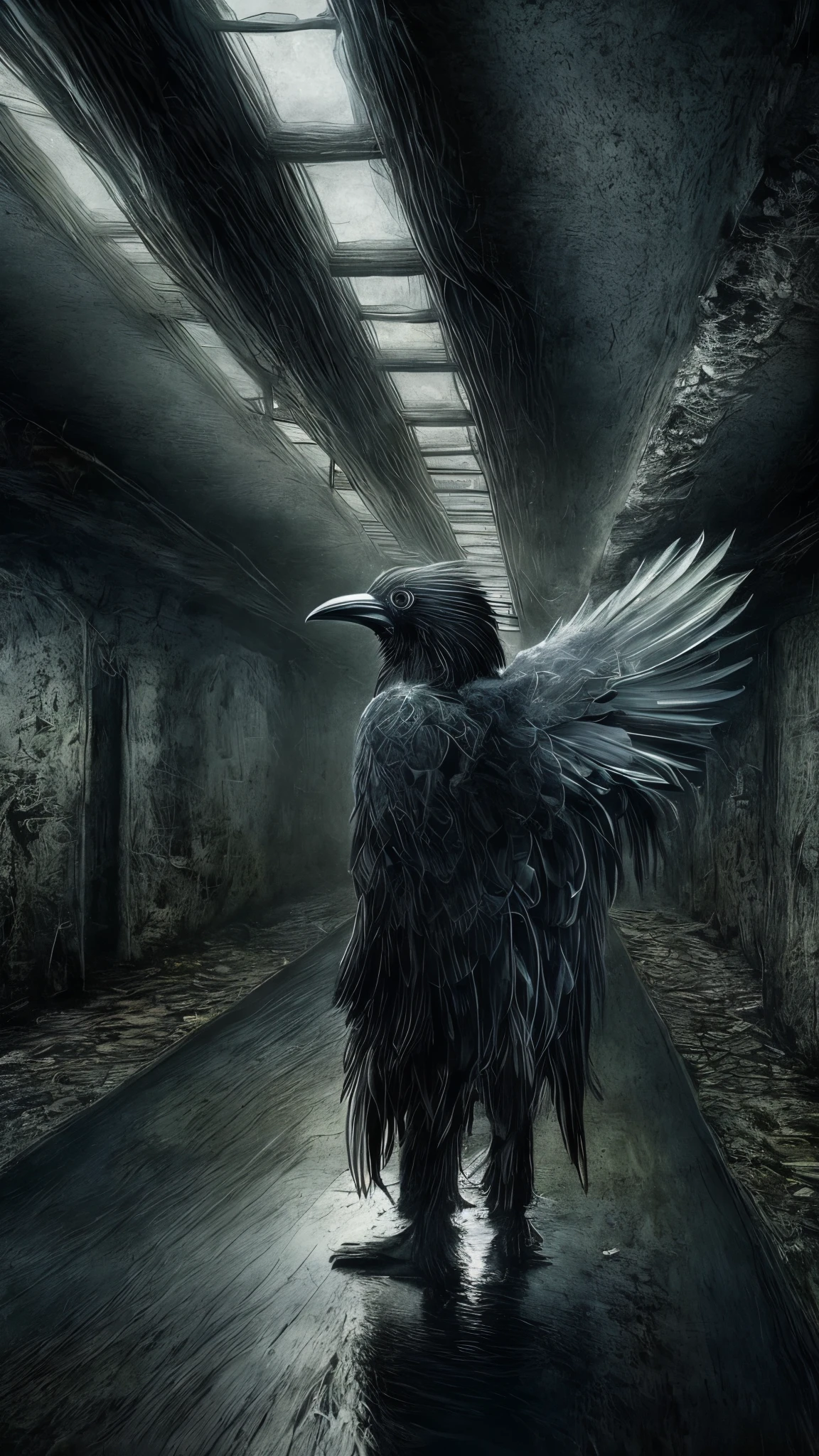 (best quality,4k,8k,highres,masterpiece:1.2),ultra-detailed,(realistic,photorealistic,photo-realistic:1.37),surrealism,faceless shadow,detailed eyes,beautiful detailed lips,white protective clothing,crows flying,left the subway,subway platform,narrow underground passage,winding stairs,dim lights,abandoned atmosphere,shadows and light contrast,unexpected encounter,mysterious aura,dark surrealism elements,twisted reality,strange and dreamlike setting,uncanny silence,mystical vibes,unsettling tension,unsettled emotions,emerging shadows,dark figures emerging from the darkness,haunting presence,surreal landscape,foggy mist,ethereal illusions,distorted perspectives,arcane symbolism,raven feathers,ominous atmosphere,ghostly whispers,dreamy and eerie atmosphere,unclear boundaries of reality and imagination,haunting beauty,mind-bending scenarios,spooky ambiance,otherworldly experience,ceiling dripping with water,melancholic mood,lonely and isolated feeling,industrial urban decay,hauntingly beautiful haunting presence,sublime beauty of the unknown,awe-inspiring imagery,mysterious and enigmatic scenes,enigmatic story waiting to be unravelled,visual paradoxes,chilling and captivating visual journey,contrast between light and darkness,vivid colors with desaturated tones,subtle hints of color to enhance atmosphere.