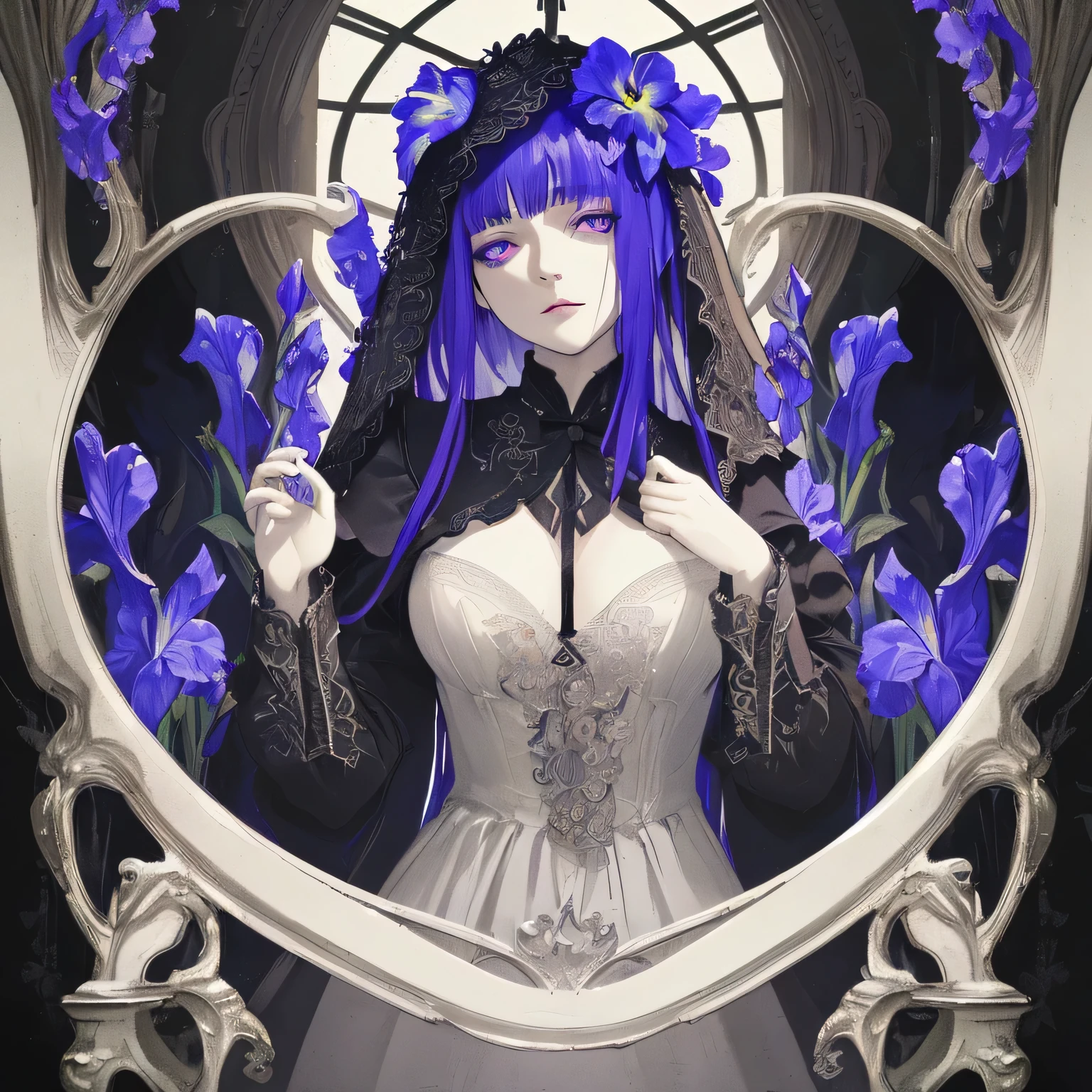 Artwork with a monkshood motif, ((highest quality)), High resolution, 8k, Cinematic Light, High Contrast, Written boundary depth, Strong brilliance, Detailed Background, One Girl, cute, fine grain, Shining Eyes, Detailed Iris,poison,Witch's Outfit、insanity