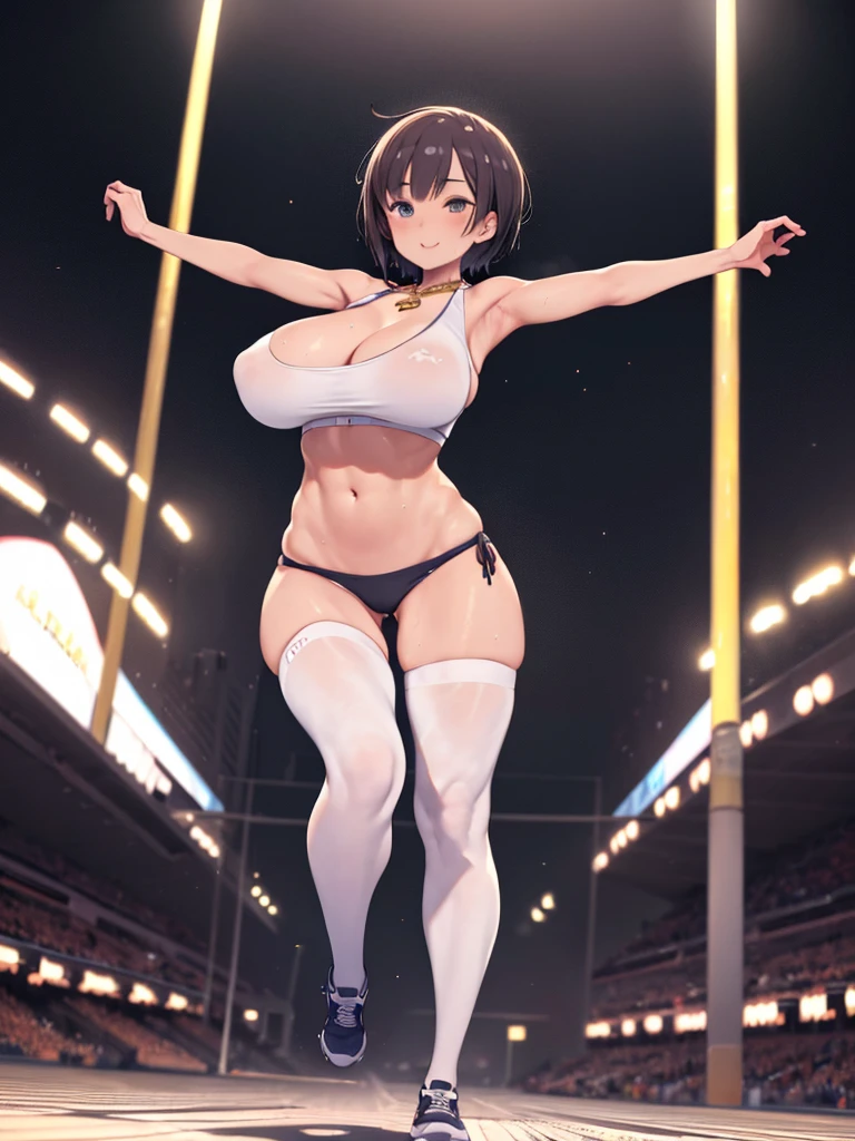 Full body shot of a tanned, curvaceous marathon runner, Wearing light sportswear, (Thigh-high socks) , Cross the finish line and spread your arms, Full of happiness, Looks very happy , Sweaty body, Big eyes , Big, bold lips, Athletics Stadium , Angle from below , Very voluptuous and curvaceous body , Ultra-realisticな肌, Highly detailed face, short hair , attractive long legs, Huge breasts with deep cleavage , simple gold necklace ,(Low rise tight panties) , Perfect Abs , calves are thick, Sweaty body, Charming smile, Blushed , Realistic, 8k, Ultra-realistic.