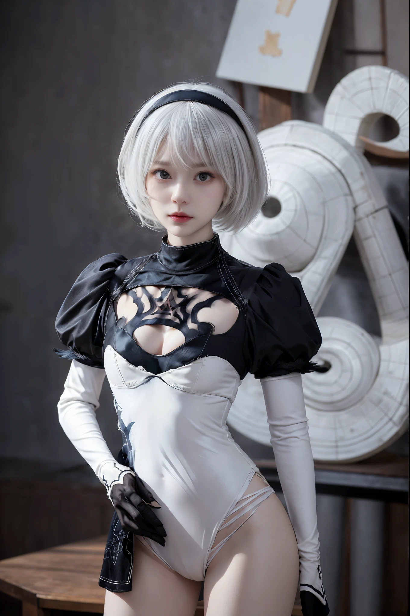 nier:Beautiful cosplay of 2B from Automata、2B、A woman cosplaying as 2B、White skin、tall、Great style、Small face、Small nose、Sharp Eye、Beautiful Face、Beautiful face、30 years old、British women、Half British、nier:2B&#39;s black costume from Automata、Light background、FantasyなWhite churchの中を背景に、Stand cool and pose coolly、Shooting from a diagonal angle、masterpiece、highest quality、high resolution、Fantasy、Glaring at the camera、Cosplay Makeup、Real Cosplay Photo、Cool and beautiful photos、Portrait、handsome pose、Wrapped in a pale white glow、like、happiness、Kindness、Smoothly rendered