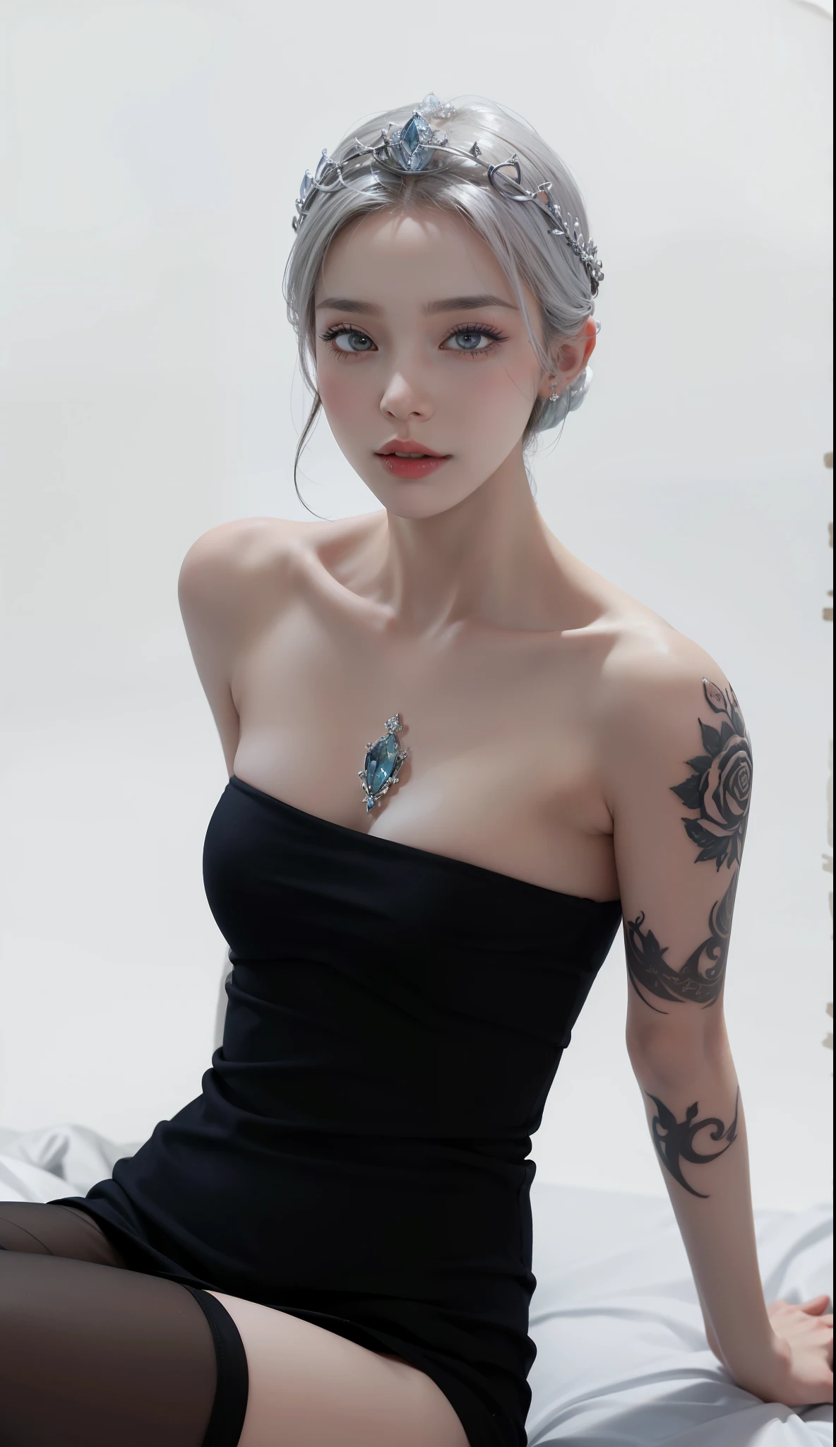 Photorealistic, high resolution, 1womanl, Solo, Hips up, view the viewer, (Detailed face), White hair, Elegant dress, jewelry, tattoo