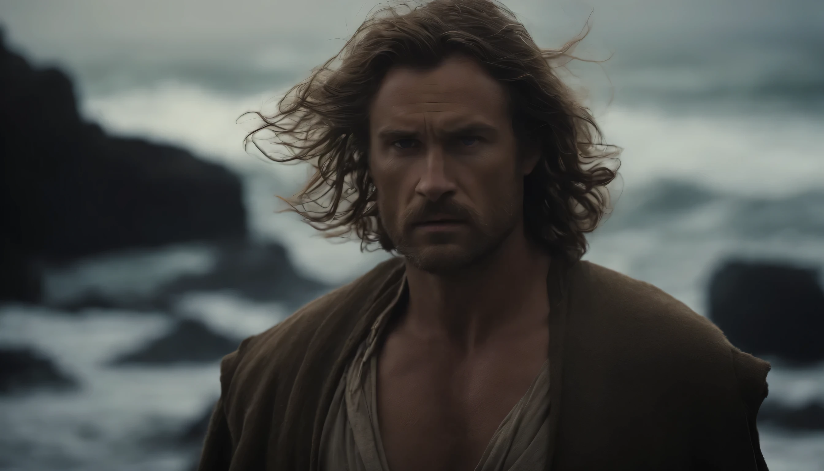 Create an image capturing the moment Humphrey confronts the savage forces of nature, with wind-swept hair and a determined gaze, amidst the chaos of the ocean."