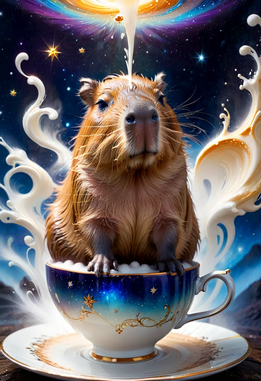 A Capybara, capybara, Capybara sleeping in teacup; cascading sugar;; blowing mist;; cinnamon cobalt and ivory, endless starscape, intricately detailed, fantasy, hyperdetailed, 8k resolution, masterpiece, stunning splash art Jordan Grimmer, Ross Tran,, and Vilijus Vaisvila, crescendo, Beautiful, complex, vibrant, brushstrokes, magical aura, perfect