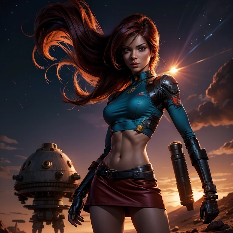 Realistic photography, high quality, Leela from Futurama catches evil robots on Mars, she is wearing a short skirt and a tight top, thin waist, detailed face, Moonlight night, thin hips, (nuclear explosion in the distance: 1.1), strong wind, magic light, Danger