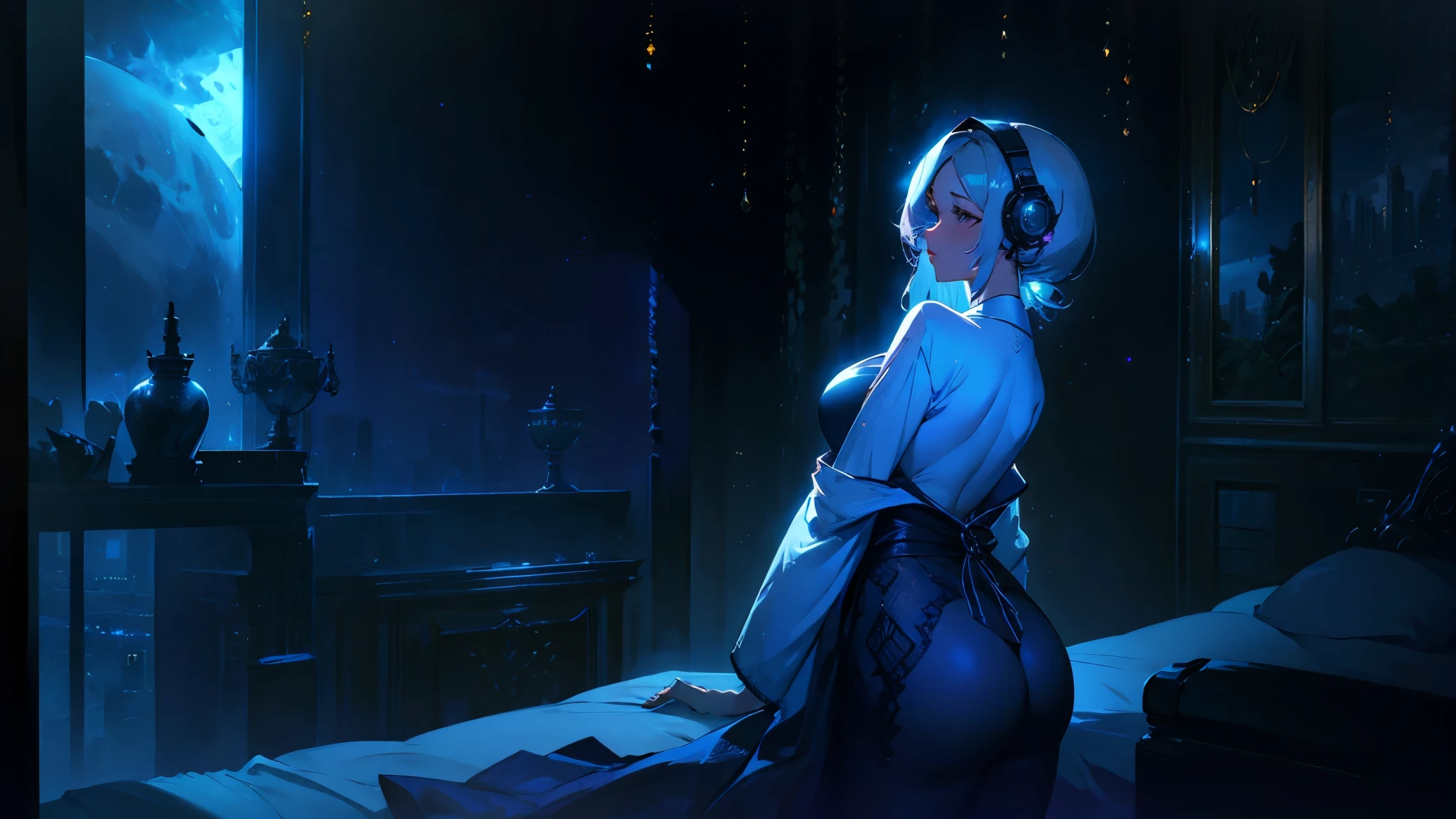 A woman wearing a bathrobe and headphones is lying on the bed、A beautiful night view behind、Big Breasts、sexy、Room with a night view、Moonlight、Unbuttoned、Half naked、Beautiful woman looking back、Butt、Beautiful buttocks、Downlight、full moon、Stylish room with fireplace、Silver Hair