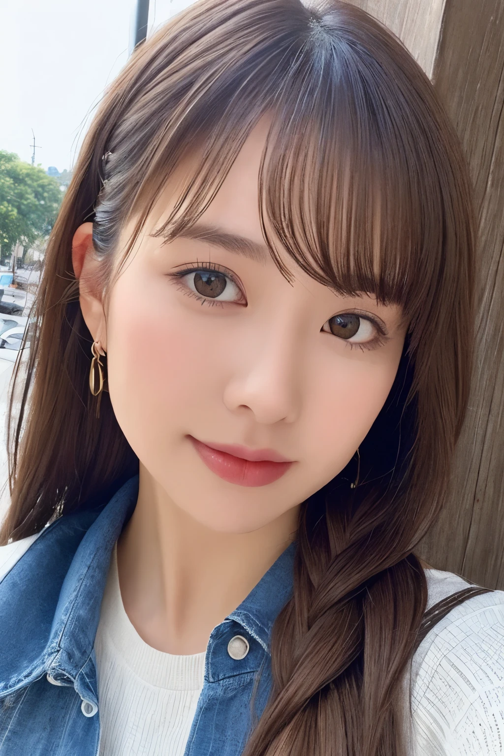 (From below:1),((1girl in)),Light Brown Fringe Hair、Braided hair、disheveled hair、Light brown eyes、(dignified expression)、(Fashionable casual wear),(Big Tits)、Emphasize the valley、Skyscraper District、blue-sky、(Photorealsitic)、(intricate detailes:1.2)、(​masterpiece、:1.3)、(top-quality:1.4)、(超A high resolution:1.2)、超A high resolution、(A detailed eye)、(detailed facial features)