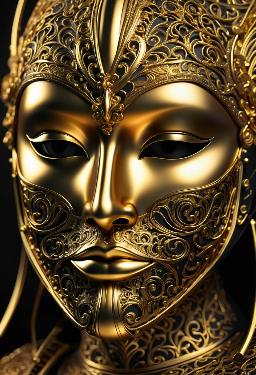 Close-up of a gold mask on a black background, Gold and Black Metal, metallic face portrait, abstract 3 d artwork, 3D Digital Art 4K, Golden mask, 3d rendering digital art, abstract face, Dark but detailed digital art, Inspired by Eddie Zandt, Rich colors of black and gold, Gold and steel complex