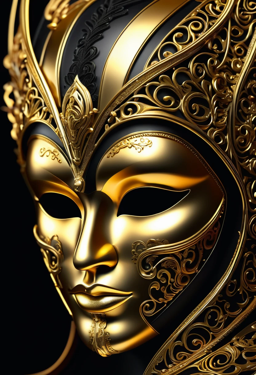 Close-up of a gold mask on a black background, Gold and Black Metal, metallic face portrait, abstract 3 d artwork, 3D Digital Art 4K, Golden mask, 3d rendering digital art, abstract face, Dark but detailed digital art, Inspired by Eddie Zandt, Rich colors of black and gold, Gold and steel complex