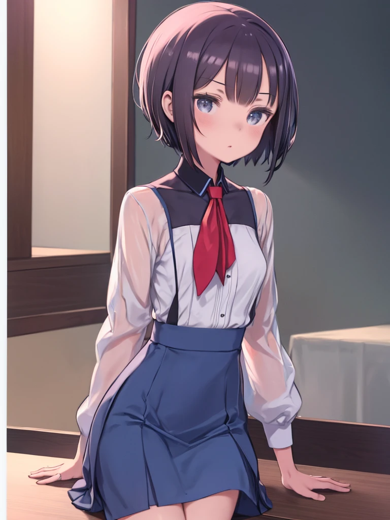 release_Meters, (highest quality, Metersasterpiece, RAW Photos,Very detailed:1.2), One girl,alone,View your viewers,sMetersile short hair, skirt, blue skirt, Red neckerchief,serahuku,Metersah-jong table