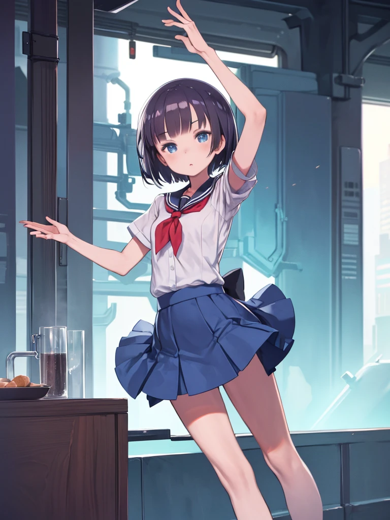(8k, best quality, master piece: 1.2),super high resolution,1 girl, 独奏, colorshift eyes, hyperdetailed, expressive eyes, ultra-detailed face, ,random hair, random color, Ecstatic expression, tatch your hip, low angle, Back view, 、School、stage、skirt、(Cover your butt with your hands)、blush、Barrette
