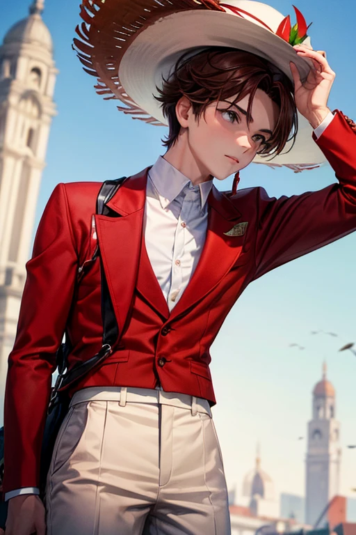 Boy with reddish brown hair Peruvian suit red shirt white pants black eyes slim complexion pigeon wings on the back Peruvian hat