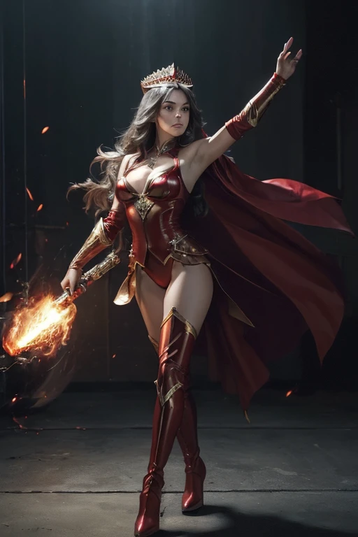 (master piece:1.8), (best quality:1.8), (exquisite lighting and shadow, highly dramatic picture, cinematic lens effect) 8k, wallpaper, dynamic pose, one knee in the air, looking at the viewer, Full Body female long dark gray hair in the air dark fantasy warrior lady wearing an intricate elaborate futuristic thin fire red full body swim suit no sleeves, with a big shiny gold crown with red gems, with large middle 
thighs red leather boot, holding two fire orbs in the hands, thin waist, notorious hips, super sexy girl, frown look in the eyes, fire explosion behind, fire background, ethereal lightning, sharp focus
