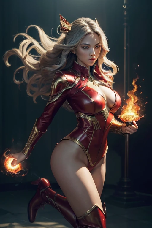 (master piece:1.8), (best quality:1.8), (exquisite lighting and shadow, highly dramatic picture, cinematic lens effect) 8k, wallpaper, dynamic pose, one foot in the floor one bend leg in the air, Full Body super sexy female long gray hair waving in the air dark fantasy warrior lady wearing an elaborate futuristic thin super hero red and white suit with white lines no sleeves, with a big shiny gold crown with red gems, with large middle thighs red leather boots, holding two fire balls in the air, thin waist, notorious hips, super sexy girl, frown look in the eyes, fire explosion behind, ethereal lightning, sharp focus