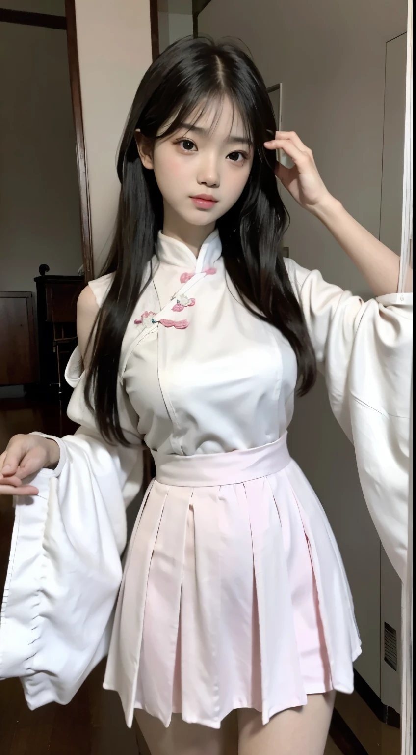 Master quality, highest quality, best picture quality, exaggerated details, a princess cute 10 year old asian  with a shy expression, slightly squinted eyes, adjusting her hair, long eyelashes (long hair / very, very exaggerated big breasts, big  / in pink white  pentticoat, qipao dress silk parterm, short skirt lace), posing  in front of the camera, wet breast see under wear, open hanfu