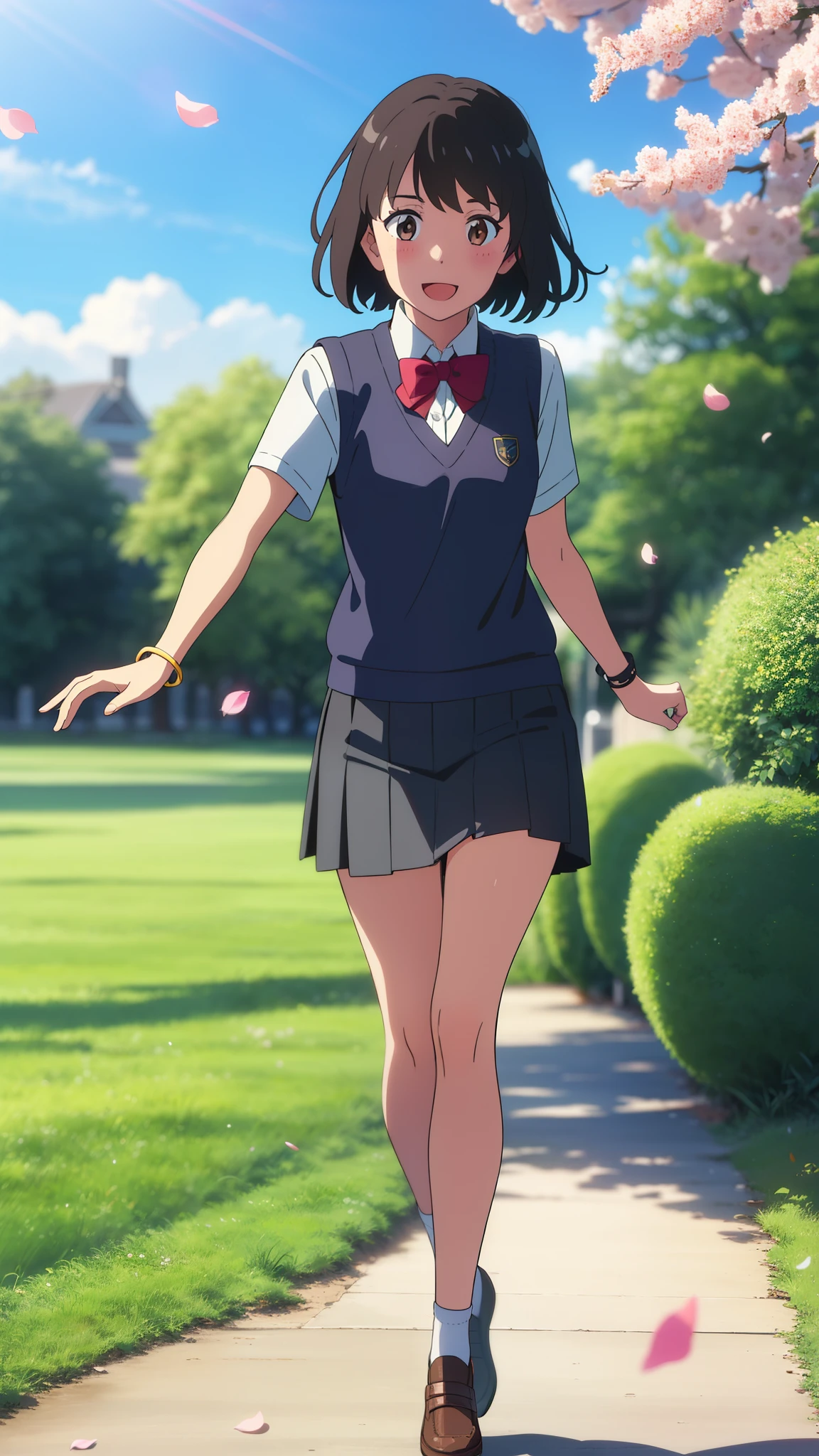 shinkai makoto, kimi no na wa., 1girl, bangs, black hair, blush, bright eyes, brown eyes, headband, looking at the viewer, red bow, red headband, red ribbon, , shirt, sweater vest, vest, white shirt, yellow sweater vest, yellow vest, skirt, blue skirt, short sleeves, short hair, medium breasts, solo, day, Outdoors, shiny skin, standing, shadow, smile, happy, :D, bracelet, cherry_blossoms, falling_petals, petals, branch, pink_flower, blue_sky, sunlight, spring_season, wind, tree