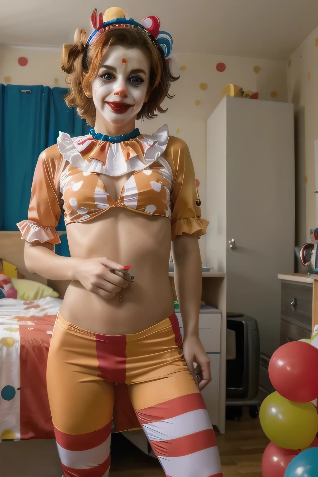 Generate an image dressed in a clown outfit inside of a hottob