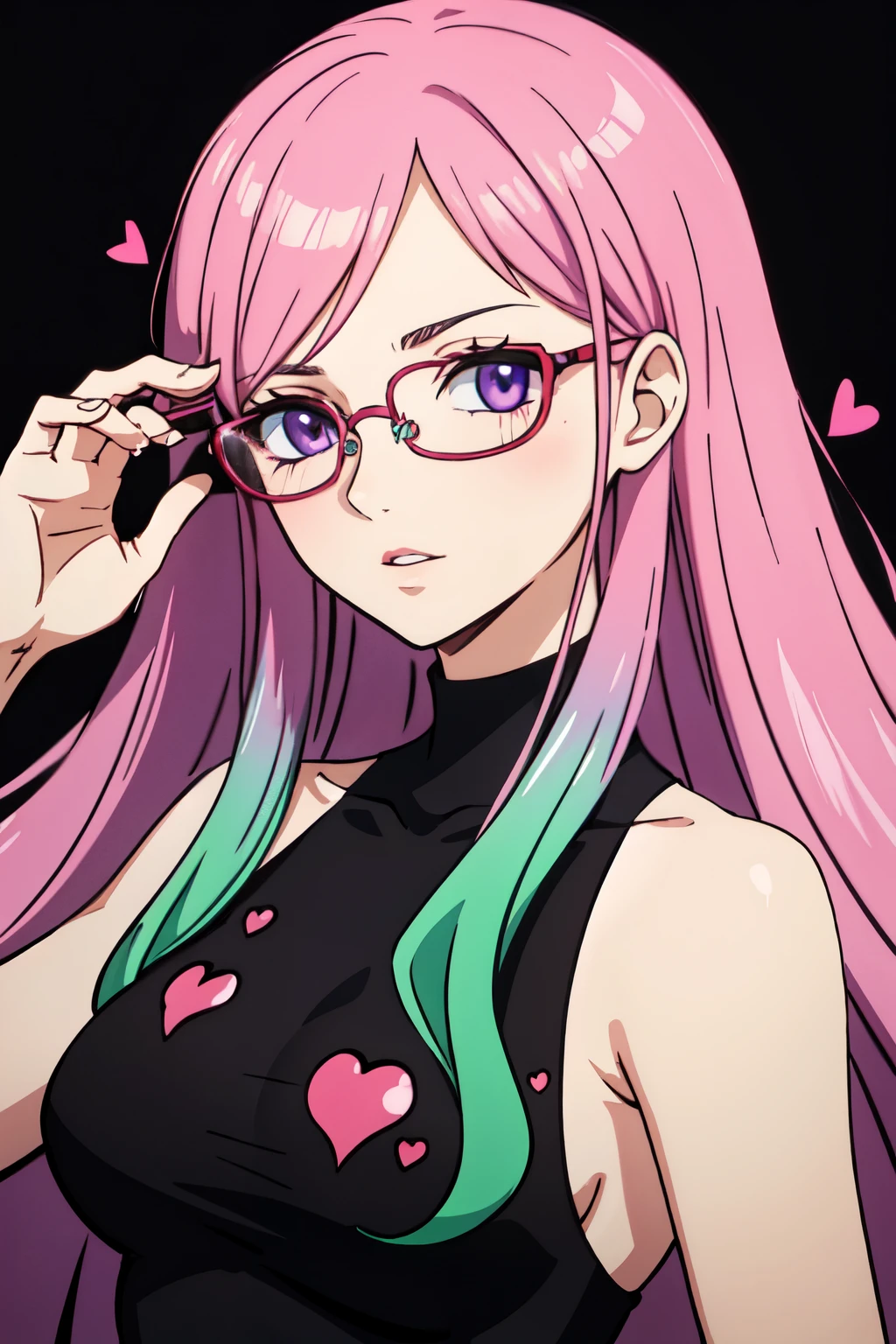 long dark green hair, pink and purple eyes, heart on cheek, glasses