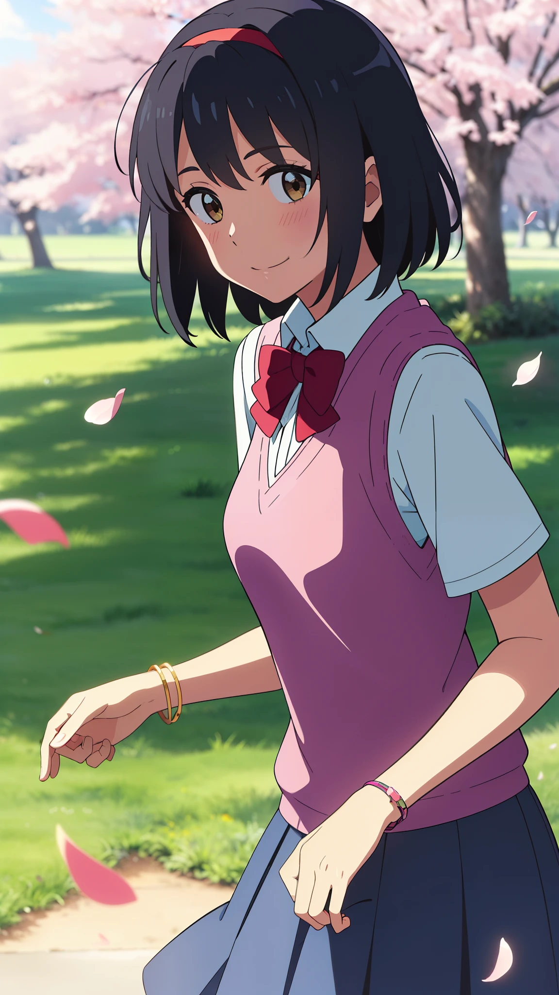 shinkai makoto, kimi no na wa., 1girl, bangs, black hair, blush, bright eyes, brown eyes, headband, looking at the viewer, red bow, red headband, red ribbon, , shirt, sweater vest, vest, white shirt, yellow sweater vest, yellow vest, skirt, blue skirt, short sleeves, short hair, medium breasts, solo, day, outdoors, shiny skin, standing, shadow, smile, happy, bracelet, cherry_blossoms, falling_petals, petals, branch, pink_flower, blue_sky, sunlight, spring_season, wind, tree, Upper body portrait