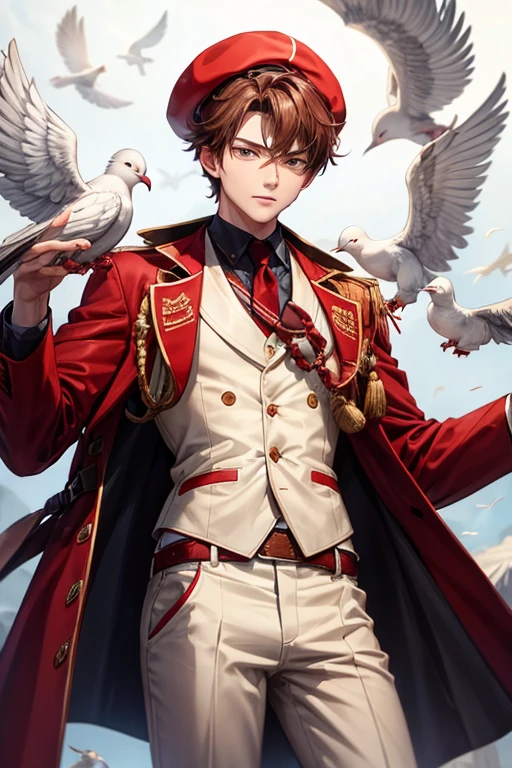 Boy with reddish brown hair Peruvian suit red shirt white pants black eyes slim complexion pigeon wings on his back Peruvian hat surrounded by doves