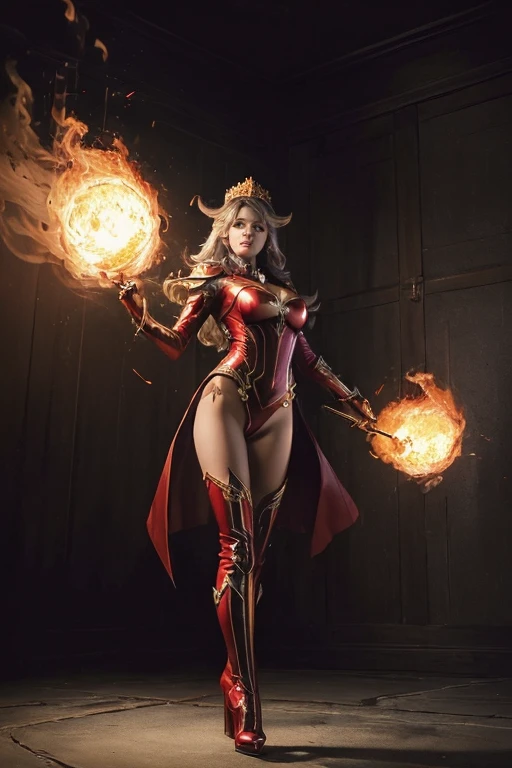 (master piece:1.8), (best quality:1.8), (exquisite lighting and shadow, highly dramatic picture, cinematic lens effect) 8k, wallpaper, dynamic pose, one foot in the floor one bend leg in the air, Full Body super sexy female long gray hair waving in the air dark fantasy warrior lady wearing an elaborate futuristic thin super hero red and white suit with white lines no sleeves, with a big shiny gold crown with red gems, with large middle thighs red leather boots, holding two fire balls in the air, thin waist, notorious hips, super sexy girl, frown look in the eyes, fire explosion behind, ethereal lightning, sharp focus
