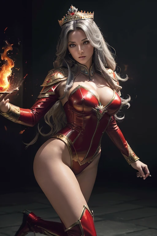 (master piece:1.8), (best quality:1.8), (exquisite lighting and shadow, highly dramatic picture, cinematic lens effect) 8k, wallpaper, dynamic pose, one foot in the floor one bend leg in the air, Full Body super sexy female long gray hair waving in the air dark fantasy warrior lady wearing an elaborate futuristic thin super hero red and white suit with white lines no sleeves, with a big shiny gold crown with red gems, with large middle thighs red leather boots, holding two fire balls in the air, thin waist, notorious hips, super sexy girl, frown look in the eyes, fire explosion behind, ethereal lightning, sharp focus