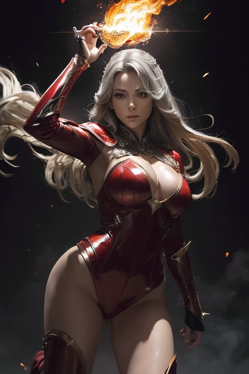 (master piece:1.8), (best quality:1.8), (exquisite lighting and shadow, highly dramatic picture, cinematic lens effect) 8k, wallpaper, dynamic pose, one foot in the floor one bend leg in the air, Full Body super sexy female long gray hair waving in the air dark fantasy warrior lady wearing an elaborate futuristic thin super hero red and white suit with white lines no sleeves, with a big shiny gold crown with red gems, with large middle thighs red leather boots, holding two fire balls in the air, thin waist, notorious hips, super sexy girl, frown look in the eyes, fire explosion behind, ethereal lightning, sharp focus
