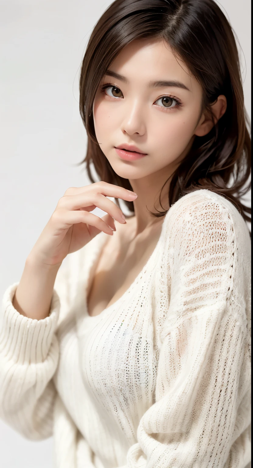 (masutepiece, Best Quality,:1.2), 1girl in, (Solo:1.3), Upper body, Nice white sweater, , (waifu, Realistic, Real life, exceptional, Best aesthetic, new, newest, Best Quality, masutepiece:1.2), Soft_Lighting, Soft_skin_Tone, Feminine_hair, (White background, Background,:1.2),