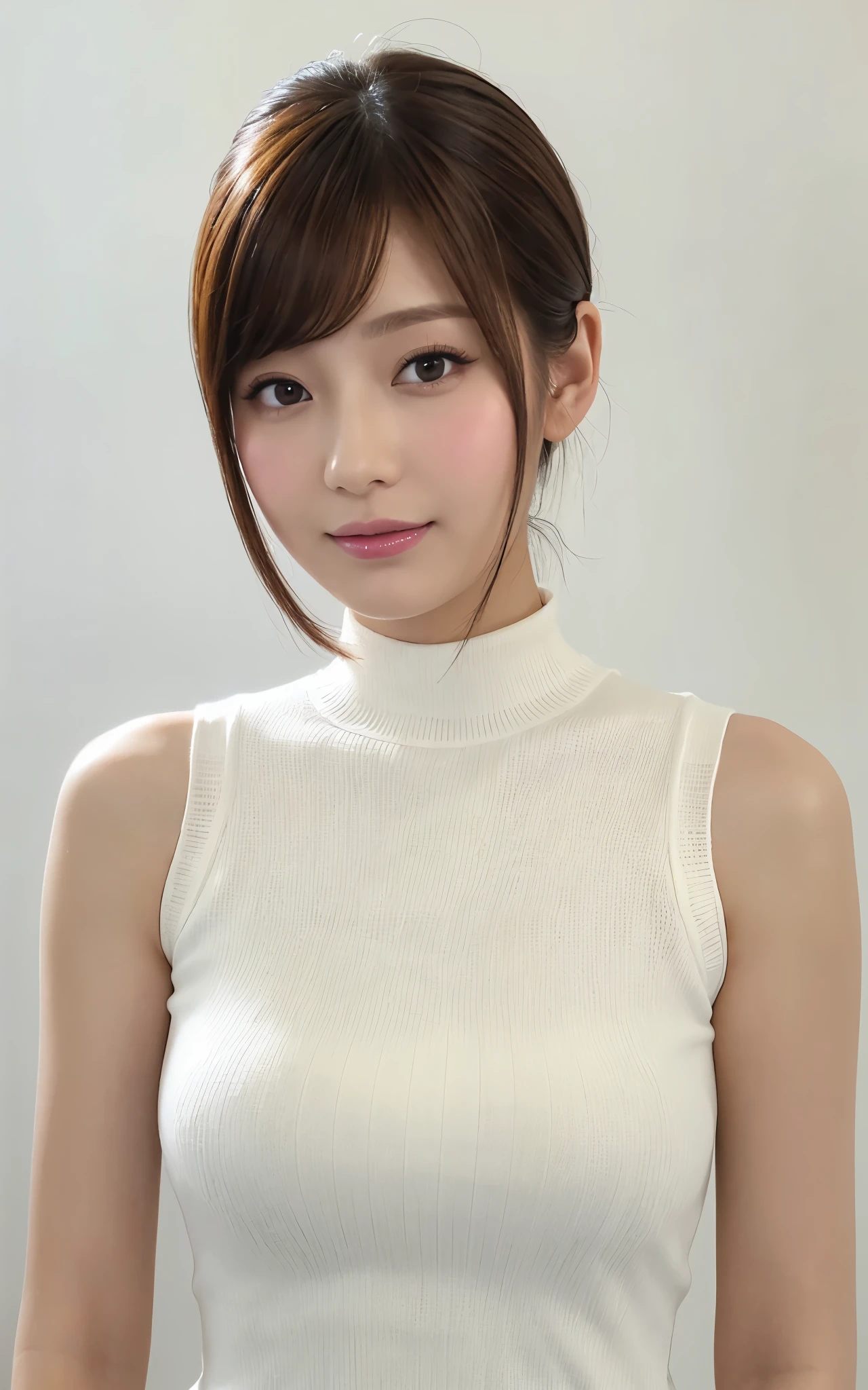 (highest quality、table top、8k、best image quality、Award-winning work)、One cute beauty、short hair、(alone:1.15)、(White snug sleeveless turtleneck knit:1.2)、(Perfect sleeveless turtleneck knit:1.1)、(The simplest pure white background:1.2)、(Perfectly fixed on the front:1.1)、close up of face、(very big breasts:1.2)、(emphasize body line:1.2)、close up of face、(Perfect frontal and horizontal portrait of a woman with proper white space:1.2)、(Perfect depiction of a woman horizontally and from the front:1.2)、beautiful and detailed eyes、look at me and smile、(Upright photo from the chest up:1.2)、(turn around and look straight at me:1.2)、perfect makeup、Ultra high definition beauty face、ultra high definition hair、Super high-definition sparkling eyes、Ultra high definition perfect teeth、Super high resolution glossy lips、accurate anatomy、very beautiful skin、(Pure white skin that shines with ultra-high resolution:1.1)、Elegant upright posture when viewed from the front、(very bright:1.2)